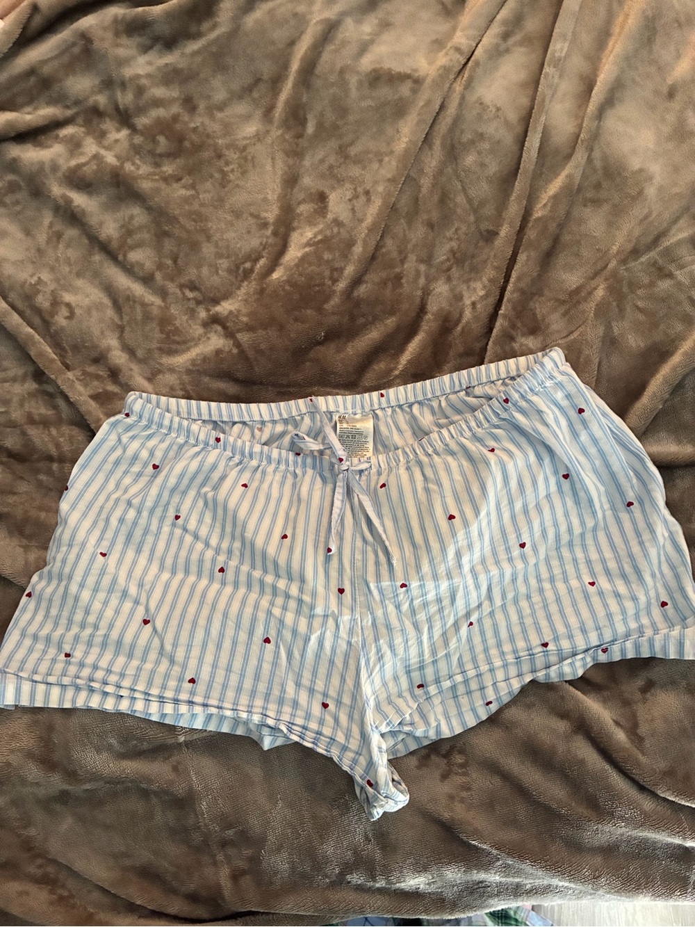H&M Light Blue and White Striped High Waist Shorts with Red Heart Accents